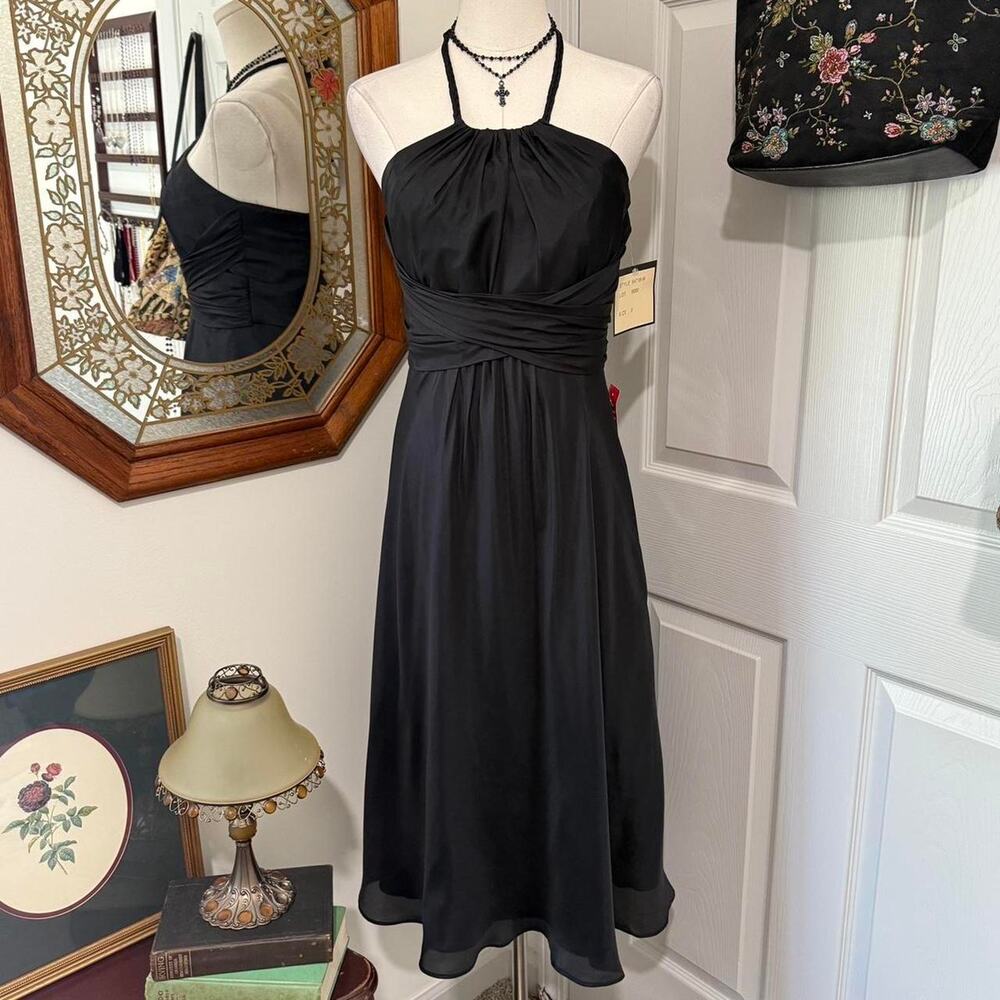 NWT VTG Y2K Dusk by Sheila Yen Black Silk Braided Halter Mini Formal Dress 0/XS